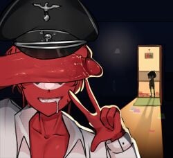 3boys black_hat cant_see_the_haters countryhumans dark_room dick_on_face father gay gay_sex germany germany_(countryhumans) hand_gesture inkyneko male male_only meme nazi_germany_(countryhumans) penis_on_eyes red_body red_hair red_skin saliva saliva_drip sharp_teeth smiling soviet_union_(countryhumans) watching white_shirt yaoi