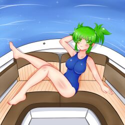 2kaze barefoot boat dawn_(melangalade) feet green_hair legs leotard one-piece_swimsuit original swimsuit swimwear