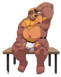 2023 5_toes anthro areola arm_tuft armpit_hair barazoku bear belly belly_tuft black_hair black_nose blonde_hair blush body_hair brown_areola brown_body brown_fur brown_nipples bulge chest_tuft clothing colored digital_drawing_(artwork) digital_media_(artwork) embarrassed extracurricular_activities eyebrows feet fingers forearm_tuft forearms full-length_portrait fur furniture green_eyes hair harold_grifter hi_res jockstrap jumperbear looking_away male mammal multicolored_body multicolored_fur multicolored_hair musclegut nails navel nipples open_mouth overweight overweight_anthro overweight_male pecs portrait simple_background sitting sitting_on_table smile solo solo_focus table teeth teeth_showing toenails toes tuft two_tone_body two_tone_fur two_tone_hair underwear ursine white_clothing white_underwear