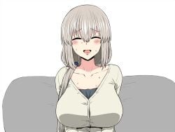 4:3_aspect_ratio bangs blush breasts clavicle closed_eyes eyebrows_visible_through_hair female grey_hair high_resolution indoors large_breasts mature milf open_mouth parumezan simple_background sitting sweat tied_hair uzaki-chan_wa_asobitai! uzaki_tsuki white_background