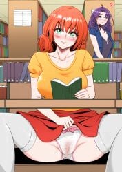 blush bow_panties green_eyes looking_at_viewer mushymushy_desu panties penny_(stardew_valley) public pussy red_hair satansoft1 see-through_clothing see-through_panties sitting skirt skirt_lift spread_legs stardew_valley thighhighs vagina wavy_mouth wet_panties white_panties