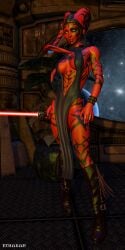 3d alien alien_girl boots darth_talon ethakar female grin lightsaber red_skin robes sash sith star_wars star_wars:_legacy tagme tattoos tentacle_hair twi'lek weapon