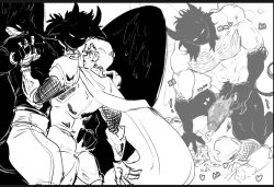 2boys bara big_penis big_pubes buff chest_hair claws demon demon_horns demon_tail gay gay_sex hairy knight large_penis larger_male no_color on_bed original original_characters penis plucholy pubes pubic_hair size_difference wings