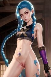 1girls ai_generated alexxwhite arcane arcane_jinx blue_hair bottomless braid braided_hair crop_top female female_focus female_only going_commando hi_res high_resolution jinx_(league_of_legends) league_of_legends light-skinned_female light_skin no_panties pink_eyes pussy self_upload solo solo_female standing stomach tank_top tattoo twin_braids vagina