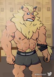 absurd_res anthro bandai_namco bluewollvieh body_hair bulge claws clothing digimon digimon_(species) felid fur happy_trail hi_res leomon lion male male_only mammal muscular muscular_anthro muscular_male orange_body orange_fur pantherine scar solo tail underwear yellow_body yellow_fur