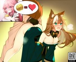 1boy 1boy1girl 1girls ai_assisted ai_generated animal_ear_fluff animal_ears aqua_eyes brown_hair crextcomic doggy_style genderswap_(mtf) genshin_impact gorou_(genshin_impact) kimono medium_breasts ms_hina_(genshin_impact) multicolored_fur multicolored_hair pimp prostitution rule_63 teal_dress teal_eyes yae_miko