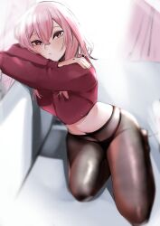 1girls black_pantyhose blush exposed_belly female female_only indoors light-skinned_female light_skin looking_at_viewer nijisanji nijisanji_en pantyhose pink_hair pupi rain_prophet rosemi_lovelock sofa solo virtual_youtuber