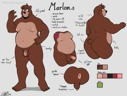 absurd_res anthro anus ass balls bear belly brown_body brown_fur color_swatch english_text erection fiercedeitylynx flaccid foreskin fur genitals green_eyes hi_res humanoid_genitalia humanoid_penis male male_only mammal marlon_(fiercedeitylynx) model_sheet nipples nude penis slightly_chubby solo stated_sexuality text