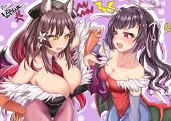 2girls anger_vein angry animal_ears arguing big_breasts blush chisaka_airi cleavage clothed clothing cosplay darkstalkers halo heart_tattoo himemiya_rie large_breasts light-skinned_female light_skin lilith_aensland_(cosplay) medium_breasts morrigan_aensland_(cosplay) open_mouth phase_alias phase_connect red_eyes small_breasts tattoo twintails val_blanc_(valliereblanc) virtual_youtuber wings wolf_ears wolf_girl yellow_eyes