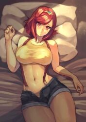 1girls 2022 babus_games bare_arms bare_shoulders bed_sheet breasts cosplay crop_top crossover female female_only indoors inframammary_clothing_crease jewelry kasumi_(pokemon)_(cosplay) large_breasts lying matching_hair/eyes midriff navel nintendo nipple_bulge on_back pillow pokemon pyra red_eyes red_hair shirt short_hair short_shorts shorts sleeveless sleeveless_shirt slim_waist solo suspenders tank_top teeth thighs tiara tight_clothing xenoblade_(series) xenoblade_chronicles_2 yellow_tank_top