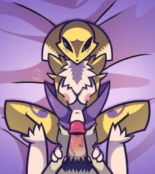 absurd_res anthro bandai_namco big_breasts breasts canid canine digimon digimon_(species) duo embarrassed female fox fur genitals hi_res human human_on_anthro imminent_sex interspecies male male/female mammal renamon yellowcyann