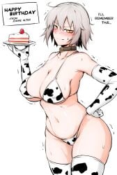 big_breasts big_thighs bikini bikini_bottom bikini_top blush blush_lines blushing_at_viewer breasts cake collar colored cow_girl edit edited english_text fate/grand_order fate_(series) gloves grey_hair huge_breasts huge_thighs jeanne_alter legwear nia_i short_hair stockings sweat sweatdrop sweating text thick_thighs yellow_eyes