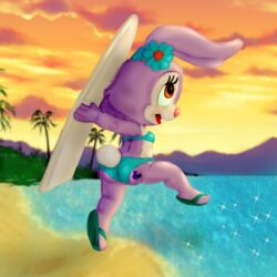 ass beach big_ass big_butt blurry bra bunny bunny_ears bunny_tail cub disney duffy_and_friends flip_flops footwear furry looking_up mousetache rabbit rabbit_ears rabbit_tail sandals slippers small_breasts stellalou surfboard swimsuit swimwear water