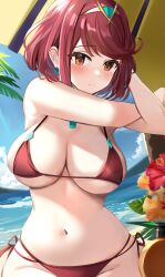 1girls bangs beach bikini breasts cleavage core_crystal female huge_breasts light-skinned_female light_skin nintendo outdoors pyra red_bikini red_eyes red_hair short_hair swept_bangs thick_thighs tomas_(kaosu22) tomasupso2 wide_hips xenoblade_(series) xenoblade_chronicles_2