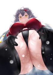 1girls absurdres ass belt bewitching_thighs big_ass big_breasts black_pants blush breasts chaps coat coat_on_shoulders female female_only gloves goddess_of_victory:_nikke hairclip heavenly_ass highres huge_breasts light-skinned_female light_skin low-angle_view mhaknow plump red_shirt sharp_teeth solo sweat teeth thick_thighs thighs thong thong_leotard voluptuous wet white_coat white_hair yellow_eyes yulha