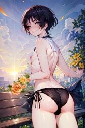 ai_generated ass ass_focus cloud femboy flower from_behind genshin_impact high_resolution highres leaf lingerie looking_at_viewer looking_back nipples otoko_no_ko otokonoko panties park park_bench parted_lips purple_eyes purple_hair scaramouche_(genshin_impact) showing_ass sky solo solo_focus sparkles stable_diffusion swollen_nipples thighs tomgirl water