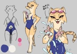 2020s 2021 akino_(kemokin_mania) ankle_tuft armpit_tuft ass breasts brown_eyes cheek_tuft cheetah chest_tuft claws color_palette elbow_tufts fangs feline female female_only furry furry_only japanese_text kemokin_mania navel pawpads paws small_breasts smug_face splashing spotted_body spotted_fur swimming_goggles swimsuit tail tongue wet wet_body wet_fur