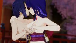 3d_(artwork) assdepik big_breasts blue_hair clothing genshin_impact kujou_sara pale_skin pubic_hair purple_eyes raiden_shogun romantic small_breasts yellow_eyes