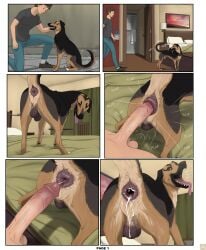 1animal anal anus bed canine comic comic_page dangerdoberman deep_penetration dog feral furry gape gasping gay human_on_feral human_penetrating looking_back male male/male male_on_feral on_bed presenting_hindquarters rear_view sex_on_bed tongue_out zoophilia