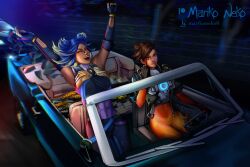 2girls blizzard_entertainment car crossover female female_only gold_(metal) marikoneko marikoneko0 middle_finger money neon_(valorant) overwatch overwatch_2 riot_games tracer valorant