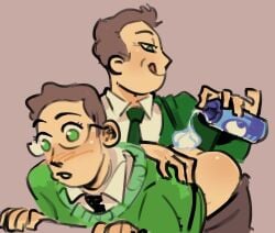 2boys ass brown_hair doofus_jerry gay glasses goa7boy green_coat green_eyes green_sweater imminent_rimming jerry_smith leaning_forward male male/male male_only necktie pants_down rick_and_morty tongue_out whipped_cream