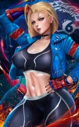 1girls absurdres amaterasumikami big_ass big_breasts big_butt black_sports_bra blonde_hair breasts british british_female cammy_white capcom capri_pants choker cleavage english_text female female_only fully_clothed green_eyes hair_between_eyes highres jacket large_breasts linea_alba looking_at_viewer md5_mismatch midriff navel open_clothes open_jacket open_mouth pants realistic resolution_mismatch scar scar_on_cheek scar_on_face self-upload short_hair smile solo source_smaller sports_bra street_fighter street_fighter_6 thick_thighs thunder_thighs wide_hips