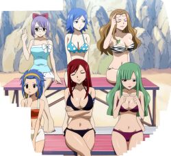 6girls beach bikini bisca_connell blue_hair brown_hair erza_scarlet evergreen_(fairy_tail) fairy_tail green_hair juvia_lockser laki_olietta levy_mcgarden mature_female multiple_girls purple_hair red_hair stitched swimsuit