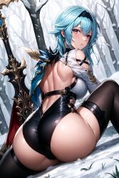 1girls ai_generated ass ass_focus bareback blue_hair bodysuit breasts eula_(genshin_impact) female from_behind genshin_impact huge_ass latex leotard looking_at_viewer nai_diffusion on_ground outside pawg short_hair snow solo solo_female splits spread_legs stable_diffusion sword thighhighs voluptuous weapon wide_hips