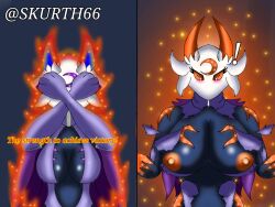 1girls big_breasts black_skin breast_expansion hollow_knight horns luna_(skur) nude_female orange_eyes orange_nipples skurth66 transformation vessel_(species)