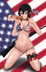 1boy 1girls 2022 american_flag american_flag_bikini ar-15 areolae assault_rifle big_penis bikini black_eyes black_hair blowjob blush breasts cheek_bulge cleavage coca-cola dick disembodied_penis erect_penis expressionless fellatio gun hotdog itsaraofgod kneeling_blowjob light-skinned_female light-skinned_male light_blush medium_breasts midriff navel oc original penis penis_in_hotdog_bun short_hair sitting testicles thighs x_(itsaraofgod)