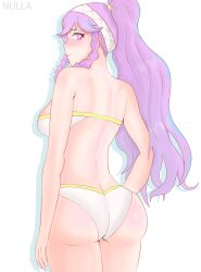 1girls alternate_costume artist_signature ass back back_view backboob bare_back big_ass bikini blank_background blush braid female female_only fire_emblem fire_emblem_awakening long_hair looking_at_viewer looking_back nintendo nulla olivia_(fire_emblem) pink_eyes pink_hair ponytail shy solo strapless_bikini swimsuit twin_braids white_bikini white_swimsuit