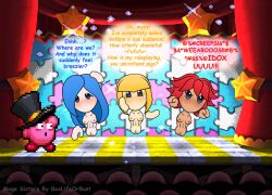 1boy 3girls audience blue_eyes blue_hair blush boxlifeorbust breasts dark-skinned_female embarrassed_nude_female enf flamberge_(kirby) francisca_(kirby) kirby kirby_(series) mouthless mouthless_female nintendo nude pussy red_hair text the_three_mage_sisters vagina yellow_hair zan_partizanne