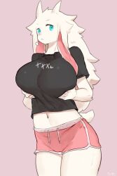 1girls absurd_res anthro aqua_eyes big_breasts buta99 caprine female female_only floppy_ears fur furry furry_only goat goat_ears goat_horns horizontal_pupils horns lifting_breasts long_hair looking_at_viewer pink_background shorts solo t-shirt vanilla_(buta99) white_fur white_hair