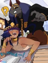 !? 2boys anthro anthro_on_human anubian_jackal anubis anubis_(lightsource) aroused assertive bast_(lightsource) bent_over bent_over_table black_sclera blue_hair blush canid canine cat_ears cat_tail catboy dark-skinned_femboy dark-skinned_male dark_skin eager eager_bottom egyptian egyptian_mythology fangs femboy furry gay gay_sex grey_body hi_res interspecies jackal_ears lightsource lipstick long_fingernails male male_only males_only mole mole_under_eye murasaki_(lightsource) narrowed_eyes office phone phone_ringing power_bottom purple_fingernails purple_lipstick red_eyes tail yaoi yellow_eyes