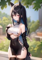 1girls ai_generated bangs bare_shoulders black_hair black_thighhighs breast_curtain colored_inner_hair detached_sleeves female hourglass_figure long_bangs looking_at_viewer navel outdoors outside red_eyes sideboob small_waist solo solo_female thick_thighs thighhighs thighs underboob wide_hips