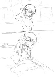 2020 2koma author2 bed black_hair bodysuit clock cosplay digital_media_(artwork) ghost_in_the_shell hair_over_eyes hair_over_one_eye monochrome nazo_no_kanojo_x pajamas parody short_hair sleeping_mask sleepy ufo urabe_mikoto visor