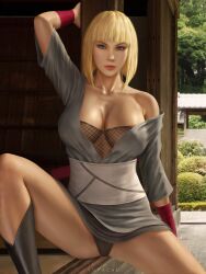 1girls against_wall arm_support arm_up bare_chest bare_shoulders big_breasts blonde_hair blue_eyes blunt_bangs bob_cut boots breasts busty cleavage detailed_background dress female female_only holding_object kimono kunoichi mature mature_female naruto naruto_(series) naruto_shippuden ninja no_bra off_shoulder one_arm_up open_clothes outdoors panties posing samui short_kimono sitting solo solo_focus spread_legs underwear yupachu