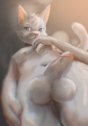 anthro balls blue_eyes blurred_background fur genitals grey_body grey_fur hi_res male nipples patreon_artist patreon_username penis solo stampmats