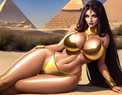 ai_generated bikini bracelet breasts cleavage cleopatra dark-skinned_female dark_skin earrings egypt egyptian exotic jewelry large_breasts long_hair navel purple_hair pyramid royalty sassaphrassy shiny_skin solo yellow_eyes