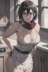 1girls ai_generated apron asian attack_on_titan black_hair breasts cleavage edosynf female fringe hair_between_eyes hand_on_hip highres indoors kitchen large_breasts looking_at_viewer medium_hair mikasa_ackerman naked_apron pale-skinned_female petite red_scarf scarf shingeki_no_kyojin solo window