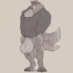 anthro balls big_balls big_muscles big_penis biped bodily_fluids canid canine canis claws clothed clothing domestic_dog erection eyewear fur genital_fluids genitals goggles gryblak hoodie huge_balls huge_cock hyper hyper_balls hyper_genitalia hyper_penis licking looking_at_viewer male mammal monochrome muscular muscular_anthro muscular_male oral penile penis penis_lick sex simple_background smile solo tail tail_motion tailwag toe_claws tongue tongue_out topwear