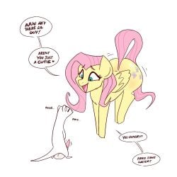 1:1 anthro ass averysweatyboy backsack balls big_butt blue_eyes cutie_mark dialogue duo english_text equid equine female feral fluttershy_(mlp) friendship_is_magic fur genitals hasbro heart imminent_sex lou_(averysweatyboy) male mammal mane my_little_pony pegasus penis pink_mane pink_tail simple_background speech_bubble tail tapering_penis text unknown_species white_background wings yellow_body yellow_fur