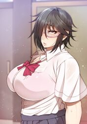 1girls anko_nekura freckles glasses hair_over_one_eye huge_breasts jimiko korotsuke looking_at_viewer pale-skinned_female school_uniform schoolgirl see-through_clothing skirt solo solo_female sweat sweaty_body the_creepy_glasses_girl