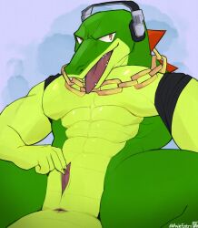 1boy 2023 abs anthro anthro_focus anthro_only anthro_solo anus anus_outline chain_necklace chains claws collar completely_nude completely_nude_male crocodile crocodilian crocodylid digital_drawing_(artwork) digital_media_(artwork) exsys fangs finger_claws furry furry_male furry_only genital_slit gold_(metal) headphones headphones_on_head jewelry looking_at_viewer male male_focus male_only mostly_nude muscular muscular_anthro muscular_arms muscular_male no_nipples nude nude_male pecs posing_for_the_viewer presenting_anus presenting_genitalia presenting_pussy reptile reptile_humanoid saliva saliva_string sega sharp_teeth simple_background slit smile smiley_face smiling smiling_at_viewer smooth_skin solo_anthro solo_focus solo_in_panel solo_male sonic_(series) sonic_the_hedgehog_(series) spikes_(anatomy) spikes_on_back tongue tongue_out vector_the_crocodile video_games watermark