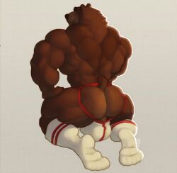 absurd_res anthro ass back_muscles balls_outline bear biceps biped brown_body brown_fur bulge clothed clothing detailed_bulge footwear fur genital_outline gryblak hi_res hyper jock jockstrap legwear looking_at_viewer looking_back male mammal muscular muscular_anthro muscular_butt muscular_male muscular_thighs perineum rear_view simple_background small_tail socks solo sportswear tail underwear