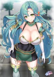 1girls absurdres aqua_hair armor bare_shoulders black_dress blue_hair blurry blurry_background bodystocking braid breasts chloe_(fire_emblem) cleavage commentary_request covered_navel dress elbow_gloves feet_out_of_frame female female_only fire_emblem fire_emblem_engage gloves green_eyes hair_between_eyes highres large_breasts long_hair looking_at_viewer nez-box nintendo outdoors shoulder_armor smile solo standing thighhighs thighs very_long_hair white_gloves white_thighhighs