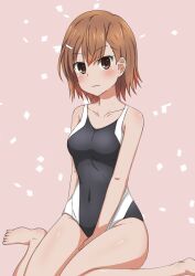 10s 1girls 2019 alternate_breast_size bare_legs bare_shoulders barefoot blush breasts brown_eyes brown_hair brunette collarbone competition_swimsuit female hair_ornament hairclip hi_res looking_at_viewer matching_hair/eyes medium_breasts misaka_mikoto navel_visible_through_clothes one-piece_swimsuit pink_background school_swimsuit short_hair sitting solo souga swimsuit teenage_girl teenager thick_thighs thighs to_aru_kagaku_no_railgun to_aru_majutsu_no_index toes tokiwadai_school_swimsuit wide_hips young