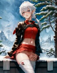 ai_generated alisaie_leveilleur blue_eyes blush city city_background cityscape earrings elezen elf elf_ears elf_female elf_girl female final_fantasy final_fantasy_xiv half-dressed half_naked light-skinned_female light_skin looking_at_viewer pale-skinned_female pale_skin pussy red_clothing rockhardart smiling smiling_at_viewer snow square_enix stable_diffusion tree trees white_hair