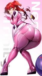 1girls agetama bad_haro big_butt bodysuit butt butt_focus female_villain freckles freckles_on_face fully_clothed gundam gundam_00 haro hi_res huge_butt large_butt looking_at_viewer looking_back nena_trinity pale-skinned_female pale_skin pilot_suit red_eyes red_hair skin_tight solo tight_clothing twintails villainess