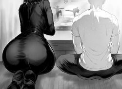 1boy 1girls ass ass_in_dress back back_view big_ass big_butt clothed clothing curvaceous curvy dress female fubuki_(one-punch_man) hips hourglass_figure huge_ass indoors large_ass male medium_hair monochrome one-punch_man partially_transparent playing_videogame saitama short_hair tight_clothes tight_clothing tight_dress tight_fit video_games voluptuous wide_hips